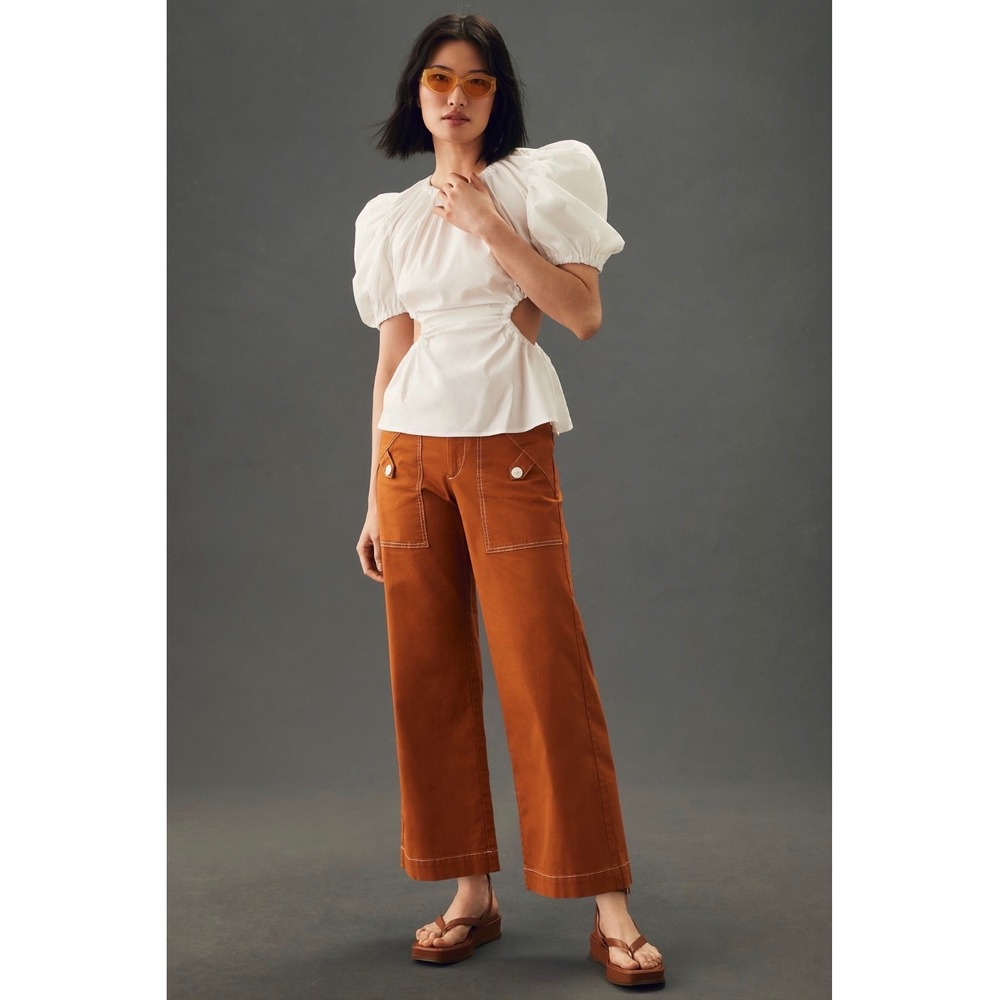 Anthropologie Pilcro Wide Leg Cropped Cargo Pants Brown Contrast Stitch 12P NWT